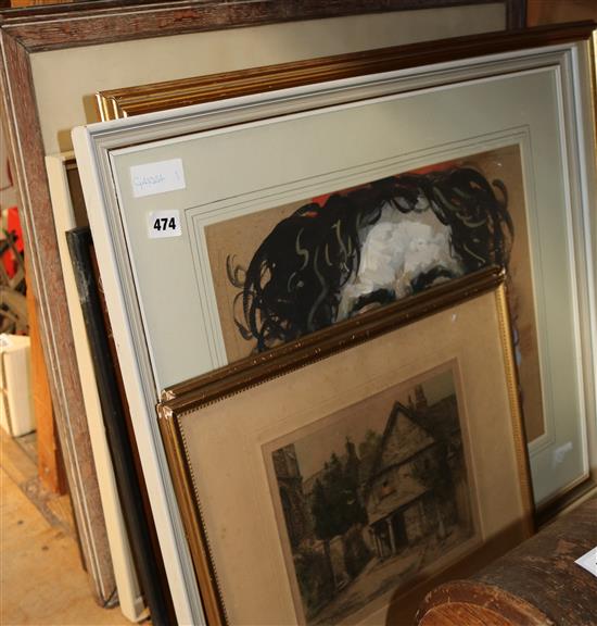 Henry Walker etchings, Peter Scott signed print, tapestry etc(-)